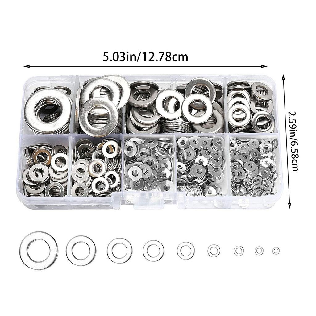 800Pcs Sturdy Stainless Steel Flat Washers Assortment Multiple Size Washer Set Portable for Screws and Bolts Daily Use