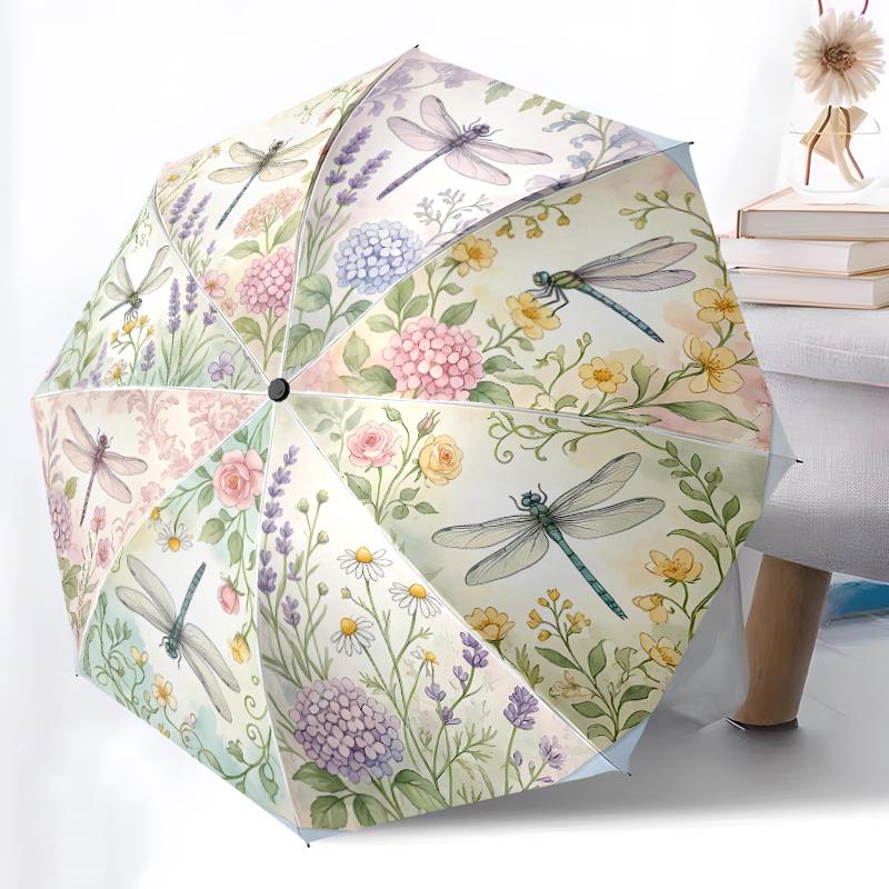 

1pc Sturdy 8-Bone Auto Umbrella, Gloomy Gothic Dragonfly Floral Umbrella, Digital Printed, Foldable Umbrella for On-the-Go Outdoor Use
