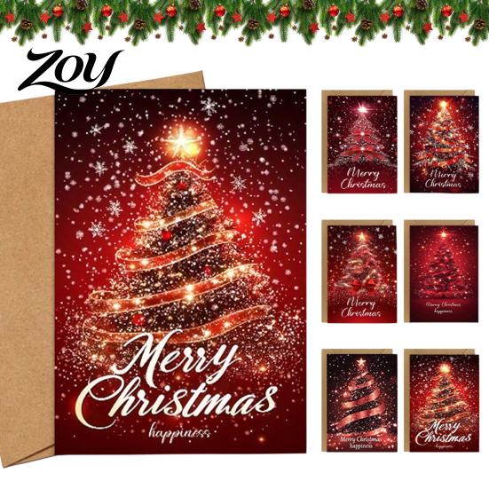 Christmas Greeting Cards for Relatives 6 Pcs Tree Cards, Merry Sparkly Bulk Stationery Set Holiday with Envelopes Winter, Xmas Party Supplies Wishes