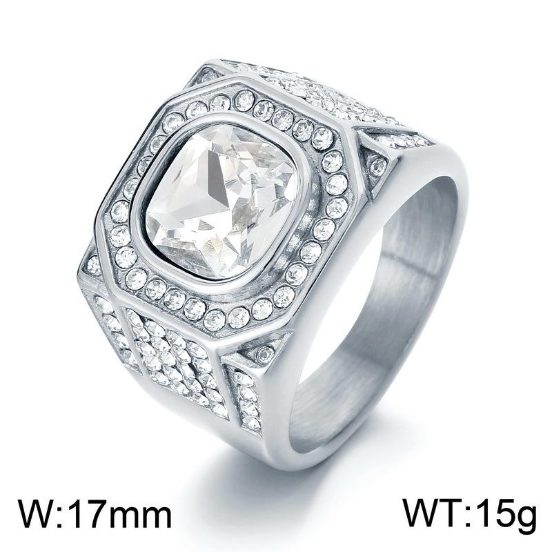 Hip-Hop Rock Octagonal Three-Dimensional Diamond Ring, Luxurious Round Zircon Titanium Steel Men'S Ring