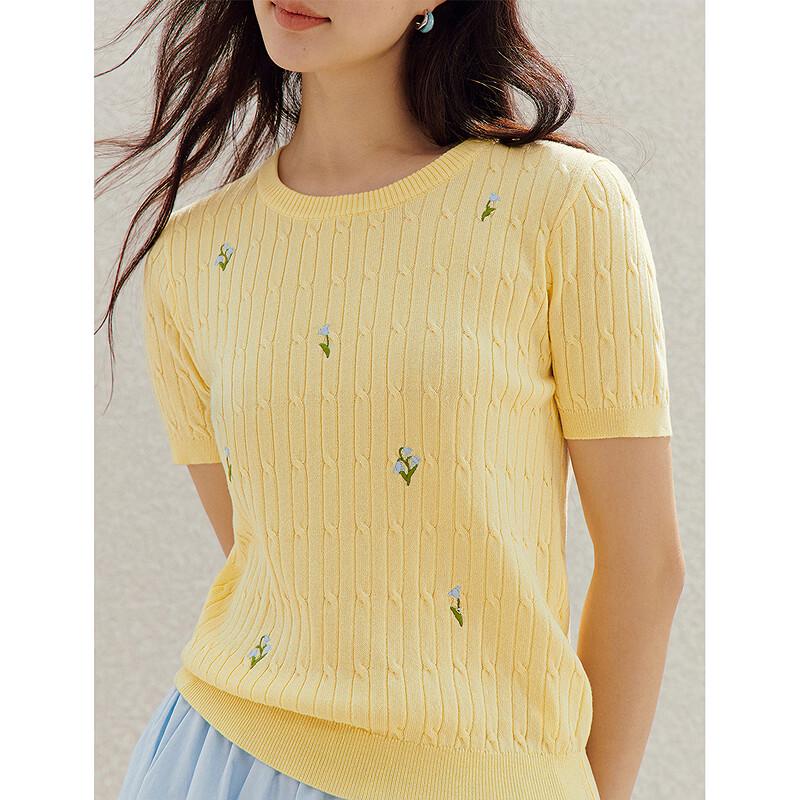 INMAN Botanical Floral Embroidered Short Sleeve Knit Top