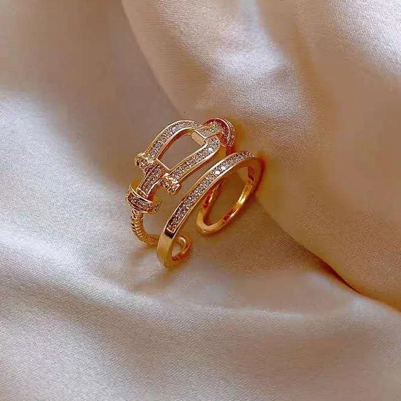 Korean Style Double Layer Ring Women's Ins Trendy Internet Popular Fashion Design Rings Shiny Zircon Elegant Female Jewelry