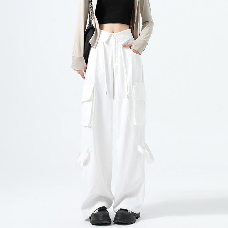 Vintage High Street Wide-leg Overalls Women's Spring New High-waisted Waist-turned Design Sports Casual Pants