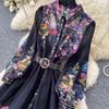 Vintage Black Floral Printted Maxi Dress Long Chiffon Sleeve Elegant Spring Palace Print Single-breasted Shirt Dress with Belt