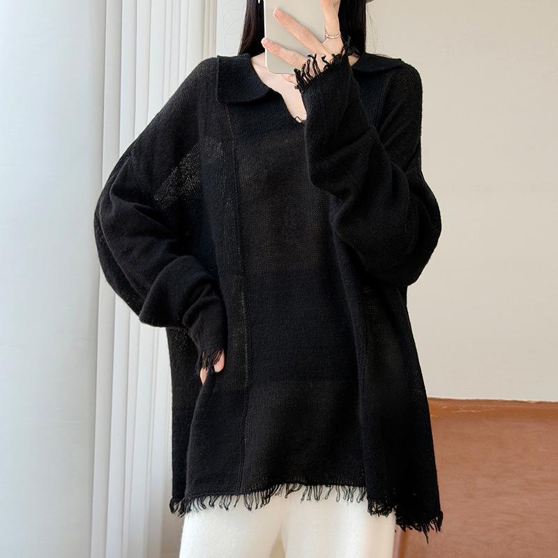 Women's Early Autumn 100% Wool Tassel Lapel Sweater - Stylish Loose Knitwear with Drop Shoulders