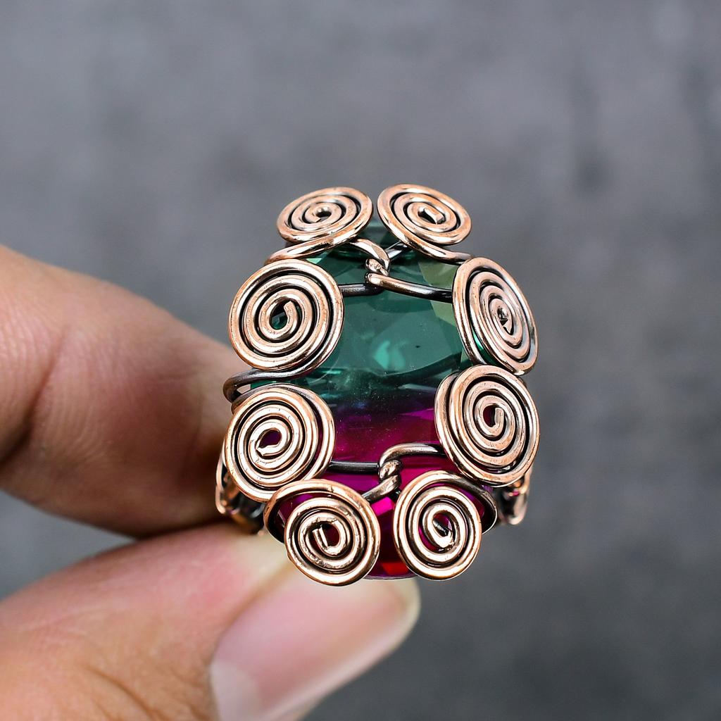 Bi-Color Tourmaline Handmade Copper Wire Wrap Jewelry Ring Size 8.5 F9Z04