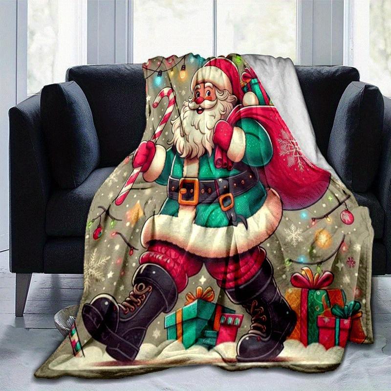 1pc Santa Claus Printing Lightweight Flannel Blanket, Comfortable and Warm Blanket, for Camping Sofa Bed and Couch Office, Gift Blankets In All