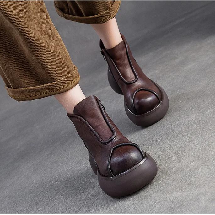 Johnature Women's Thick Soled Ankle Boots Genuine Leather Round Toe Handmade Retro Platform Shoes