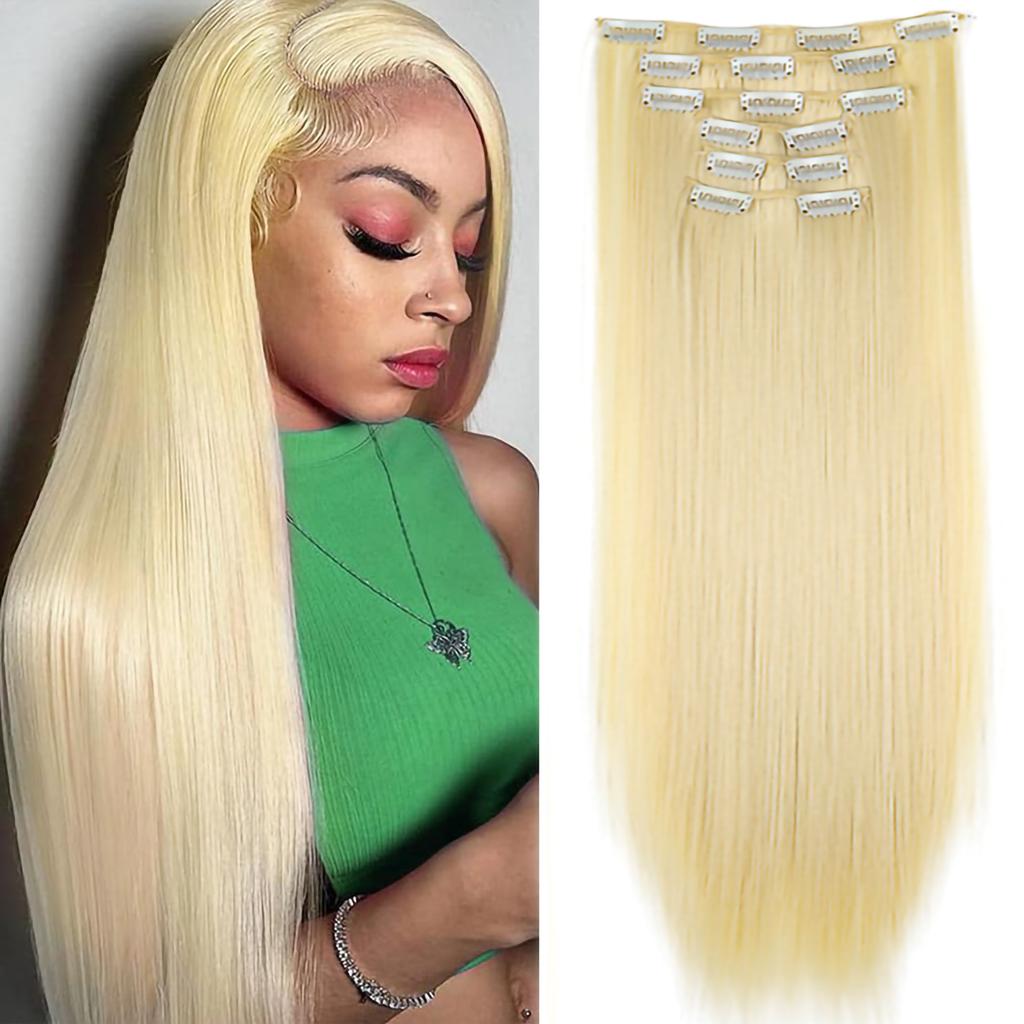 Estensioni Capelli 24 Pollici 16 Clip Acconciatura Lunga Liscia Sintetiche Bionde Nere Extension Resistenti al Calore Capelli Finti Uso Quotidiano