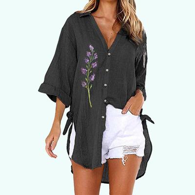 Plus Size Women Fashion Floral Print Blouses Summer&fall Loose Half Sleeve T-shirt Ladies Casual V Neck Buttoned-down Long Shirt