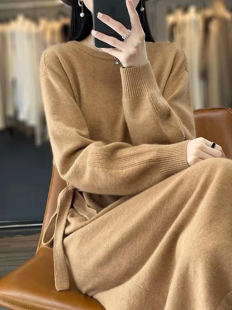 Autumn and Winter New Lace-up Temperament Thin Knitted Dress Women's Fashion Medium and Long Inner Sweater Skirt