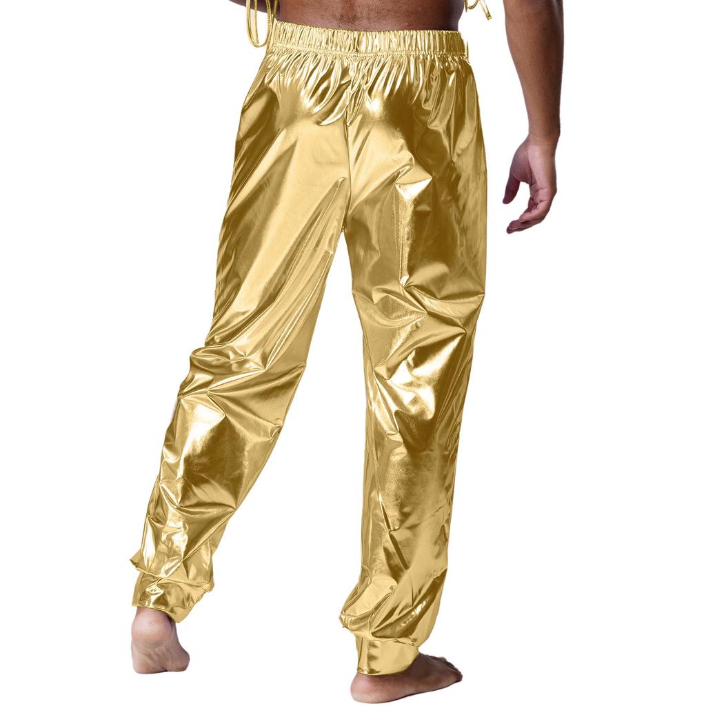 Mens Shiny Sport Pants Metallic High Waist Elastic Waist Loose Fit Modern Dance Pants Performance Wear