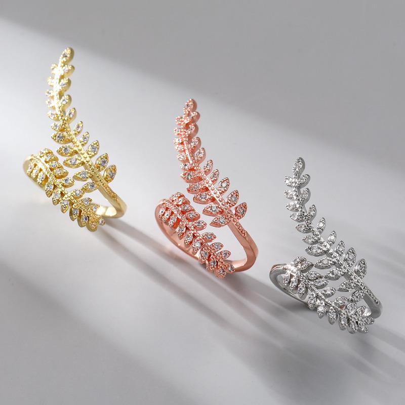 Graceful Leaves Both End Of Open Ring Copper Color Girl Cocktail Party Rings Shine Crystal Zircon Fashion Women Jewelry