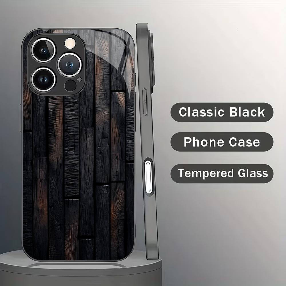 

Black charcoal wood grain pattern tempered glass phone case suitable for iPhone 17 16 15 14 13 12 11 Pro/Max/Plus anti drop iPhone 17ProMax