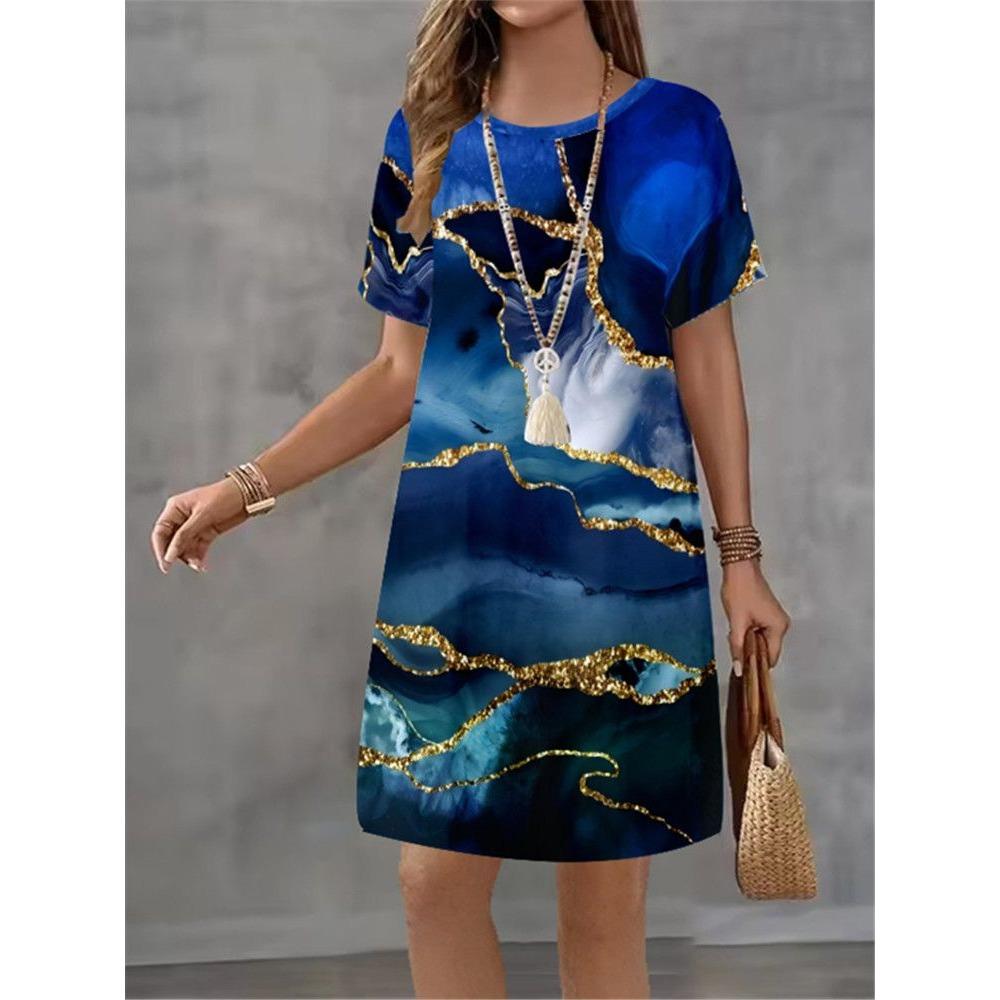 Fashion Elegant T-shirt Dress Summer Women's Casual Comfortable Soft Breathable Dress Colorful Creative Pattern Round Neck Plus Size Loose Dress