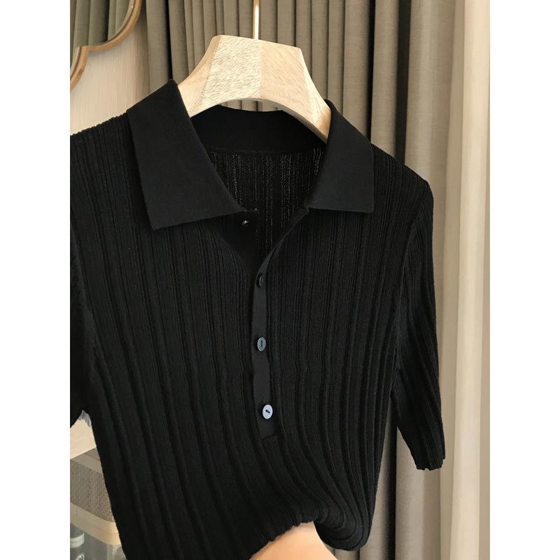 

Літня тонка трикотажна жіноча сорочка з тонким лацканом із льону Tencel One size чорний