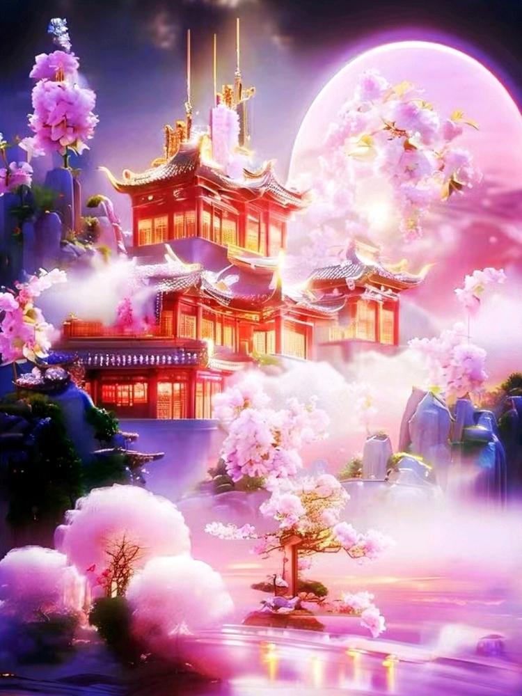 Diamond Painting Pink Castle Flower Landscape Cross Embroidery Castle 5DDIY Artist Living Wall Decoration Christmas Gift