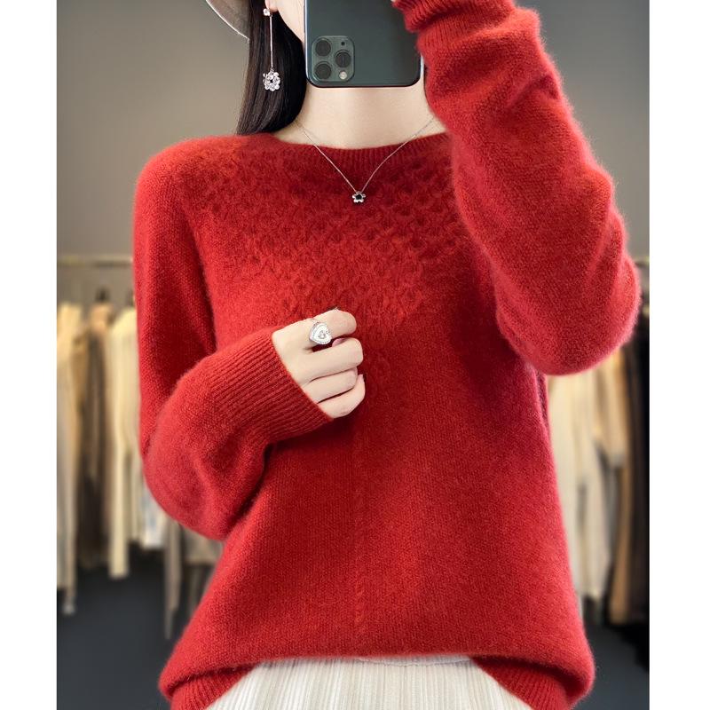 Women's Cashmere Hollow-Out Round Neck Knitted Wool Pullover Sweater