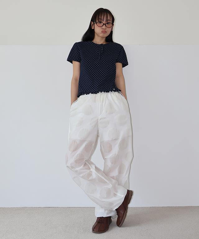 RONRON Dot Ruffle Half Sleeve T Shirt Navy