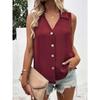 Women Summer New Style Solid Color V Neck Loose Chiffon Shirt Sleeveless Button Down Vest Blouse