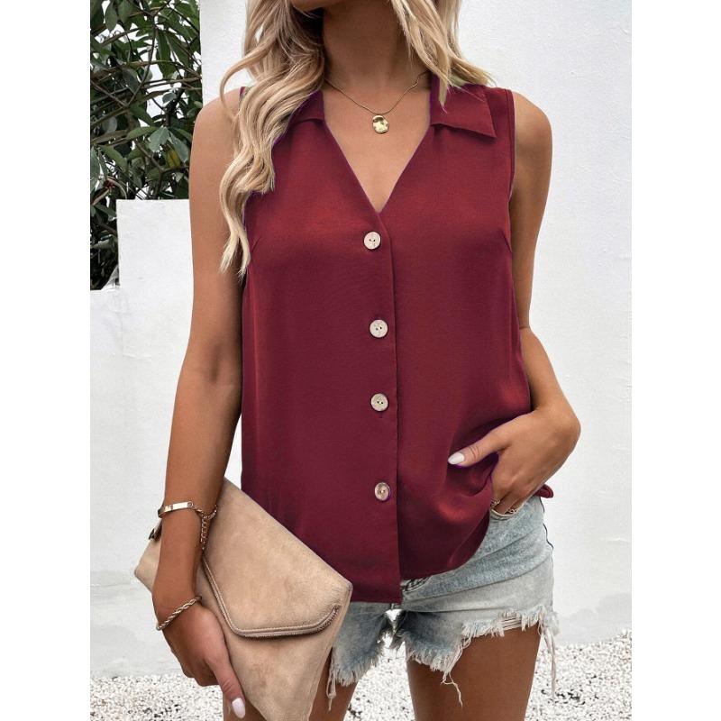 Women Summer New Style Solid Color V Neck Loose Chiffon Shirt Sleeveless Button Down Vest Blouse