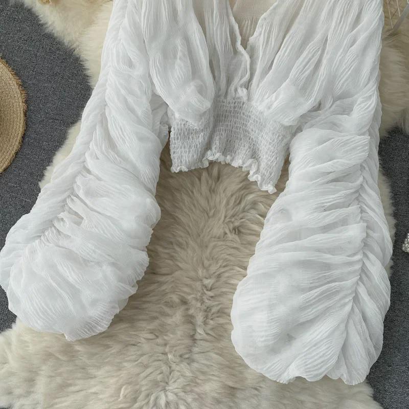 Women's Chiffon Puff Sleeve Top – European & American Design, Slim Fit, Fashionable & Versatile