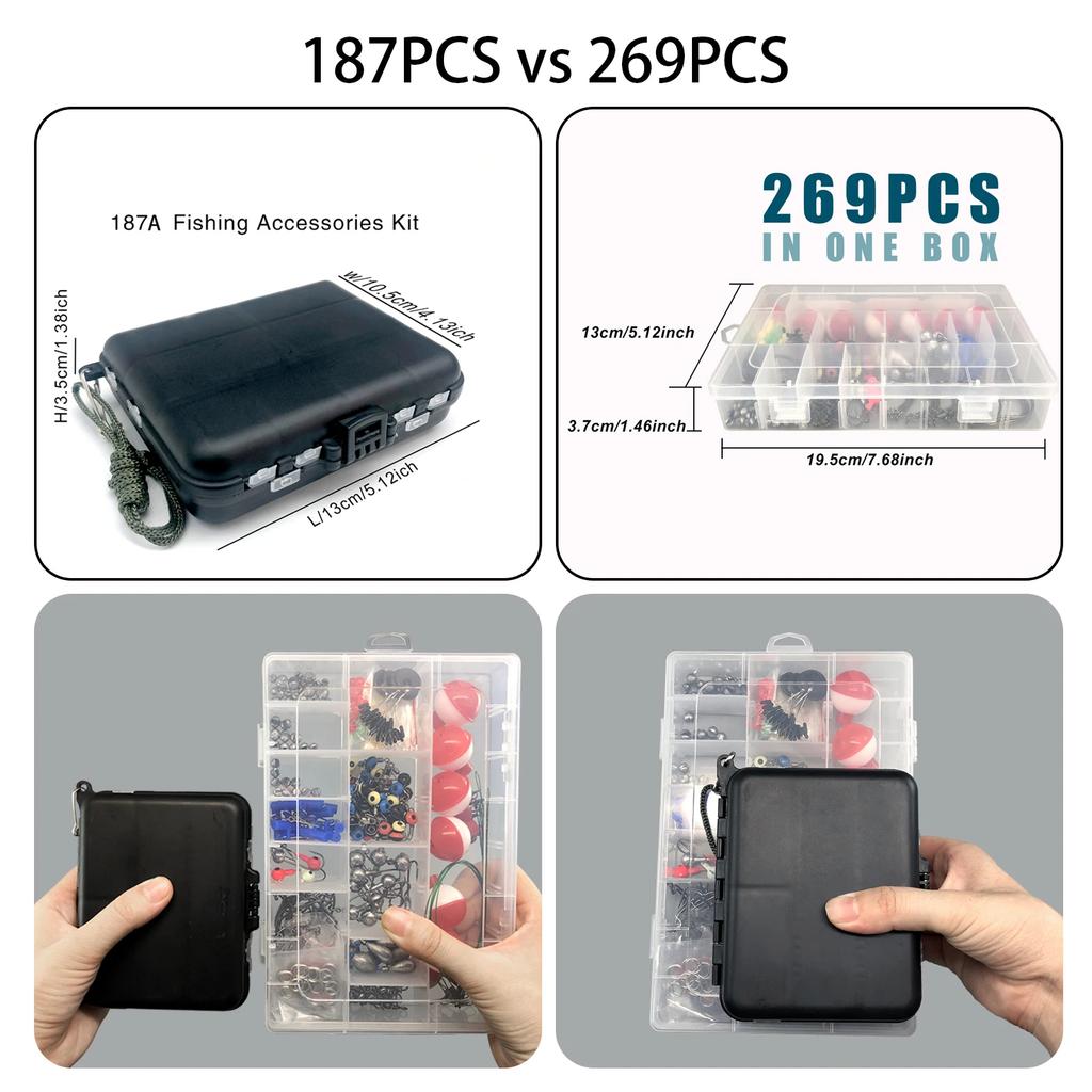 Fishing Accessories Kit (187/269pcs): Tackle Box, Fish Hooks, Bait Parts & Sinkers Included – Ideal for Outdoor Fishing