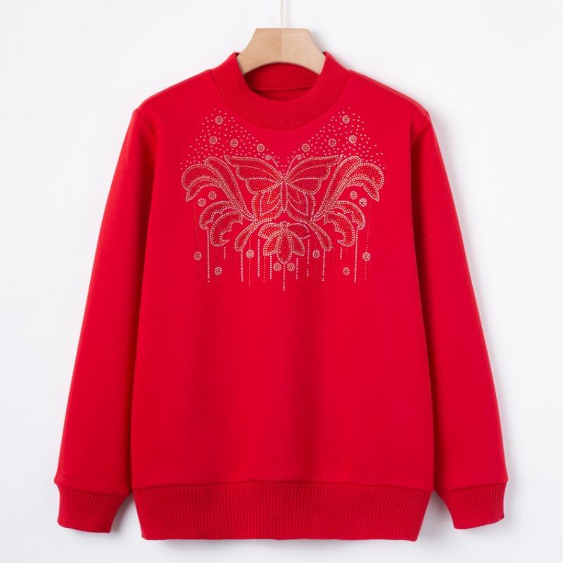 

Middle-aged and elderly mothers, autumn and winter plush sweaters, female grandmothers, knitted sweaters, thickened bottoms, bright diamond tops. 3XL (recommended 120-67.5kg) красный