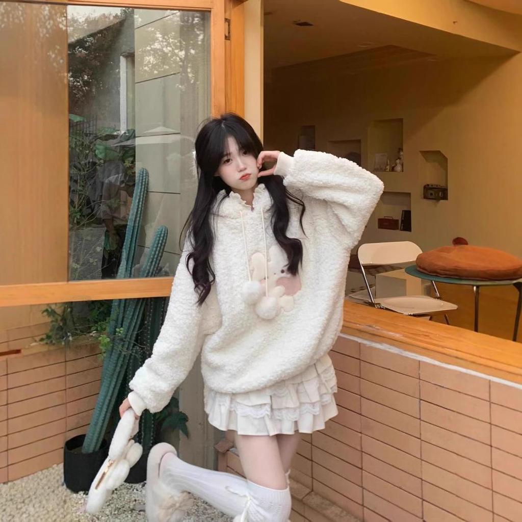 Women's Rabbit Ear Hooded Lamb Wool Sweater Jacket - Winter Velvet, Thickened, Sweet, Age-Reducing, Loose Top Trend