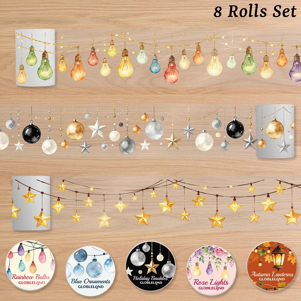 8 Rolls 8 Styles PET Self Adhesive Stickers Roll Decorative Stickers Roll Mixed Shapes 50mm 1roll/style 2m/roll