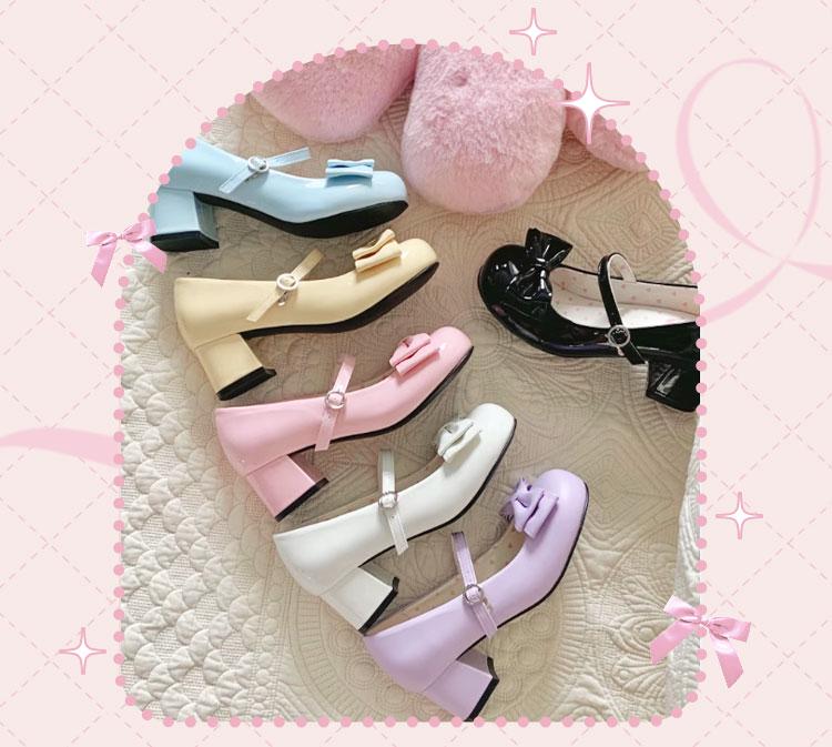 [În Stoc] Pantofi Lolita Drăguți cu Toc Mediu și Fundă Tip Inimă, cu Design Floral Ondulat