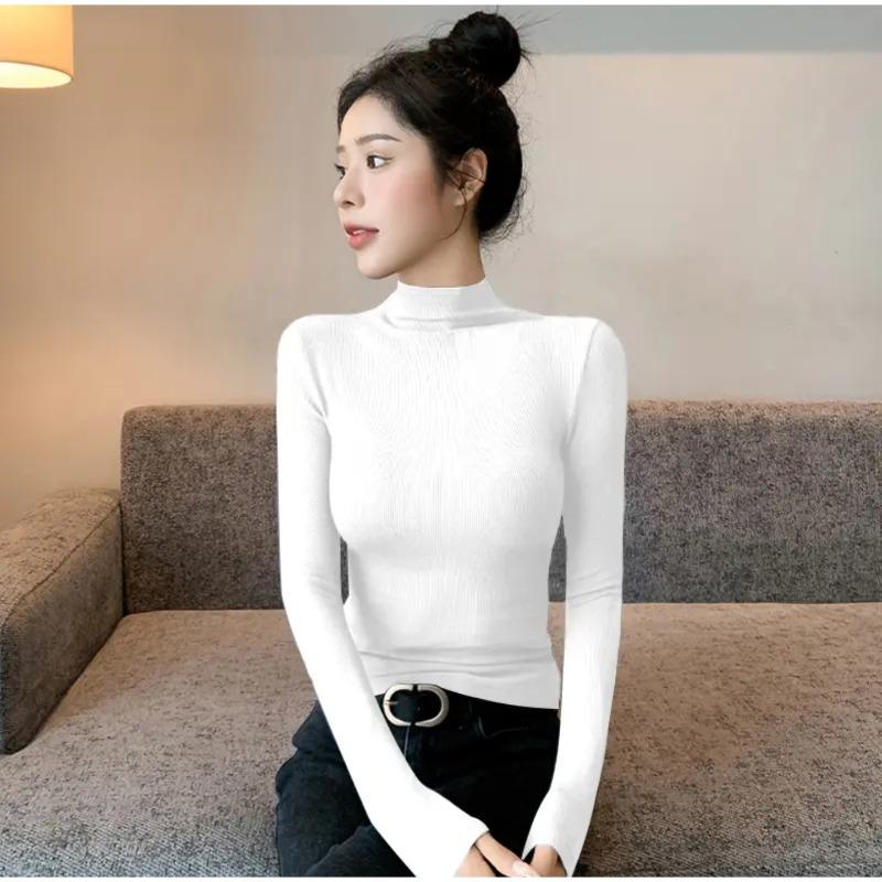 Black Semi-turtleneck Threaded Bottoming Shirt Women's New Slim-fitting and Thin Long-sleeved Shirt Women's Top