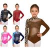 Girls Long Sleeve Gymnastics Leotard Mesh Patchwork Butterfly Print Shiny Rhinestones Bodysuit