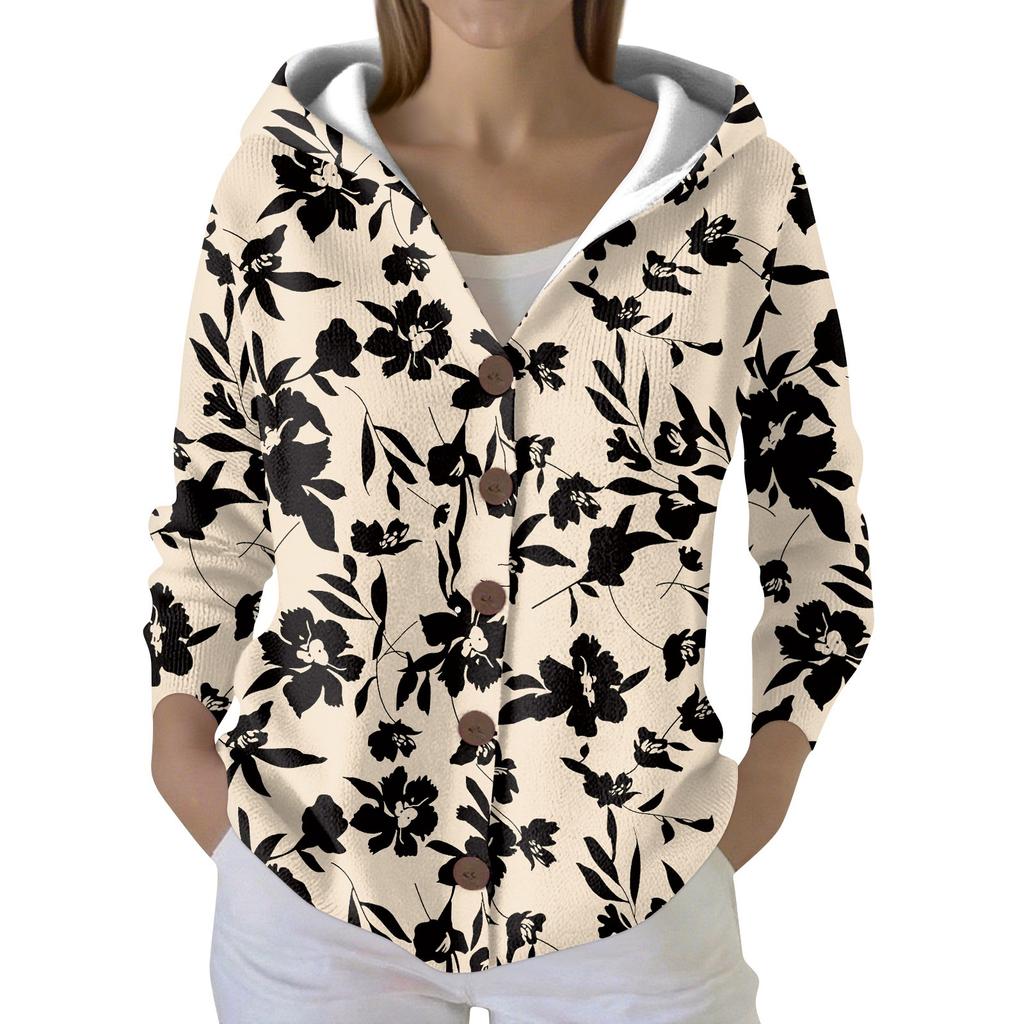 Women's Fashion Casual Sweater Button-Up Print Cardigan  Hooded Jacket