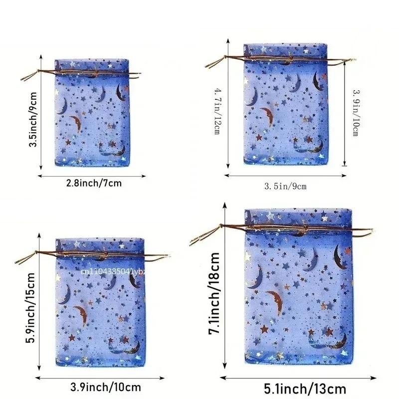 50pcs/Lot 7x9 9x12 10x15 13x18cm Printing Star Moon Christmas Organza Sack Drawstring Charm Packaging Bags Daily Jewelry