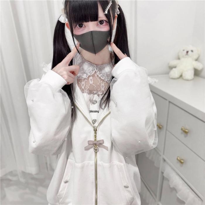 

Japanese Subculture Two-Dimensional Lace-Up Hooded Coat with Bunny Ears, Bow, and Pearl Accents. L