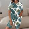 Women Plus Size Round Neck Short Sleeve Tropical Leaf Printed Two Piece Set Longline Top Fitted Shorts