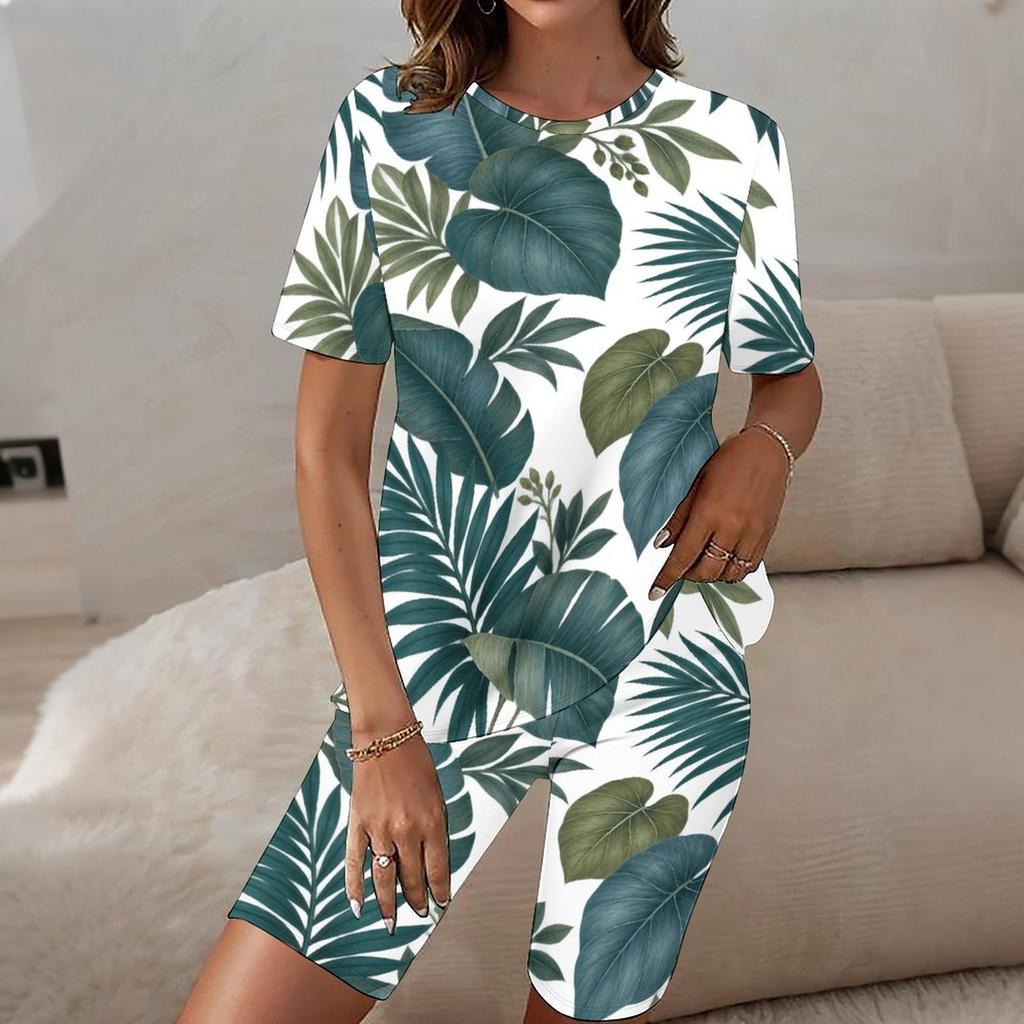 Women Plus Size Round Neck Short Sleeve Tropical Leaf Printed Two Piece Set Longline Top Fitted Shorts