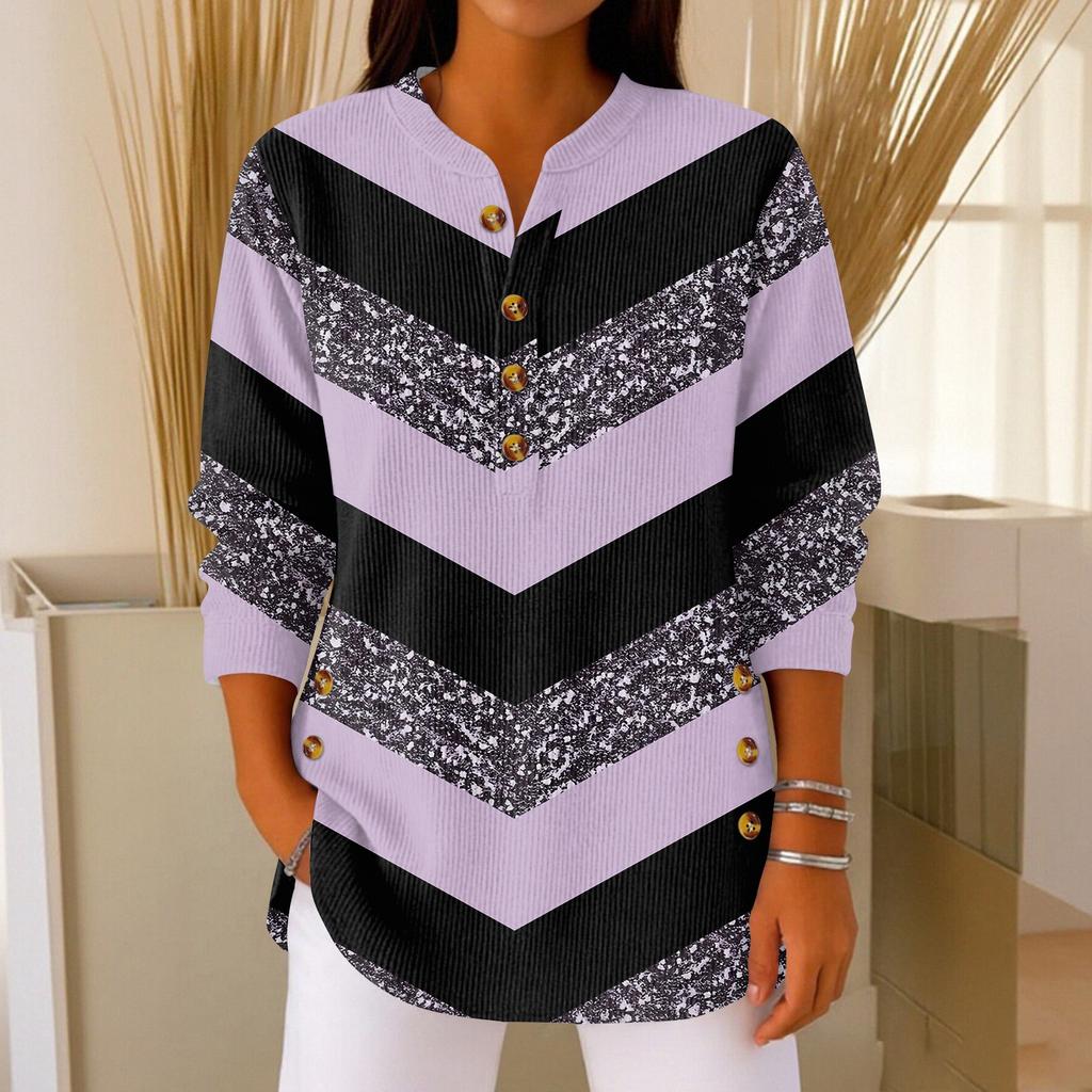 Women's Fashionable Button Collar Long-sleeved Christmas Print Pullover Top