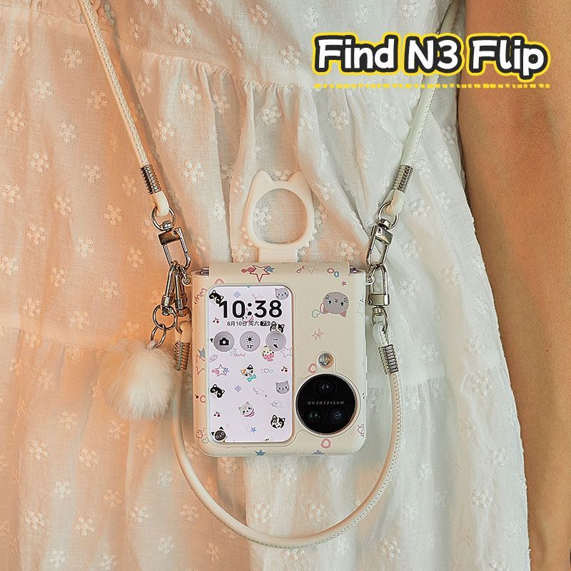 

Для OPPO Find N3 Flip Чехол для телефона Милый чехол-книжка Kawai Кошка Звезда Белый Кожаный Дизайн Чехол Портативная Ручка Ремешок через Плечо