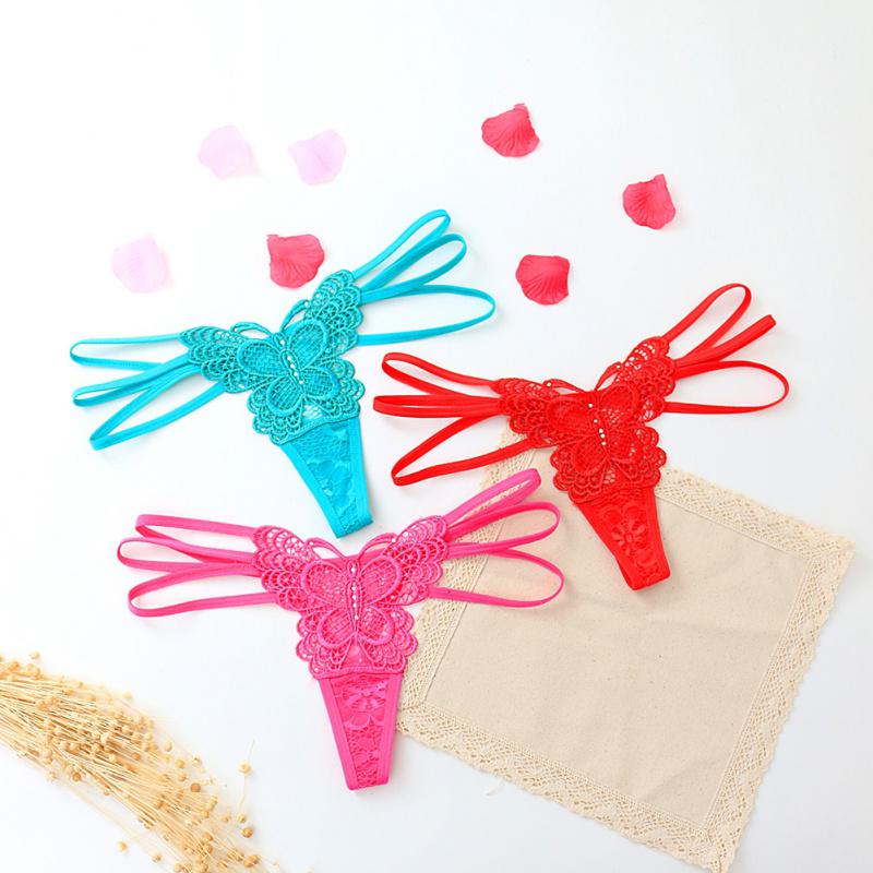 Fashion New Lady Sexy Solid Color Lace Hollow Thin Belt Perspective Butterfly Woven Thong