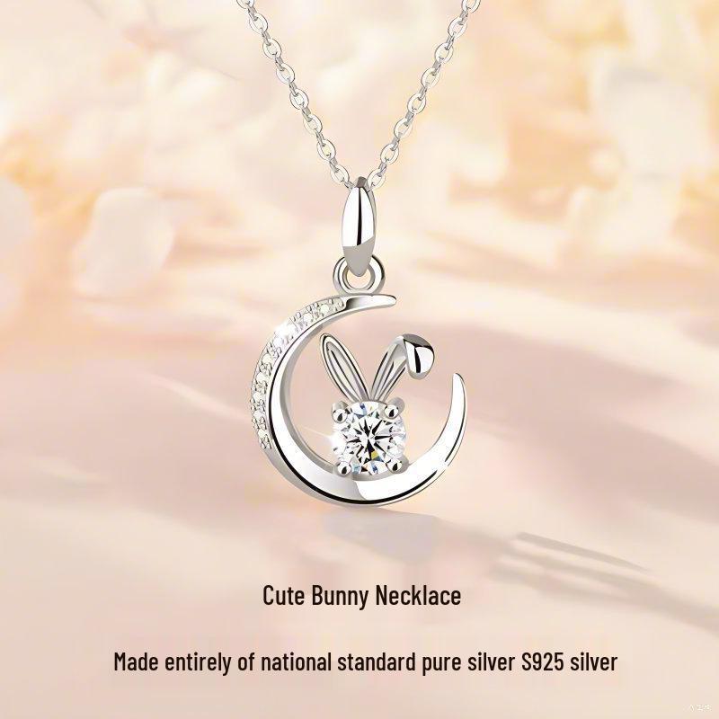 S925 Sterling Silver Moissanite Moonlight Jade Rabbit Necklace - Sweet Clavicle Chain Qixi Gift for Women