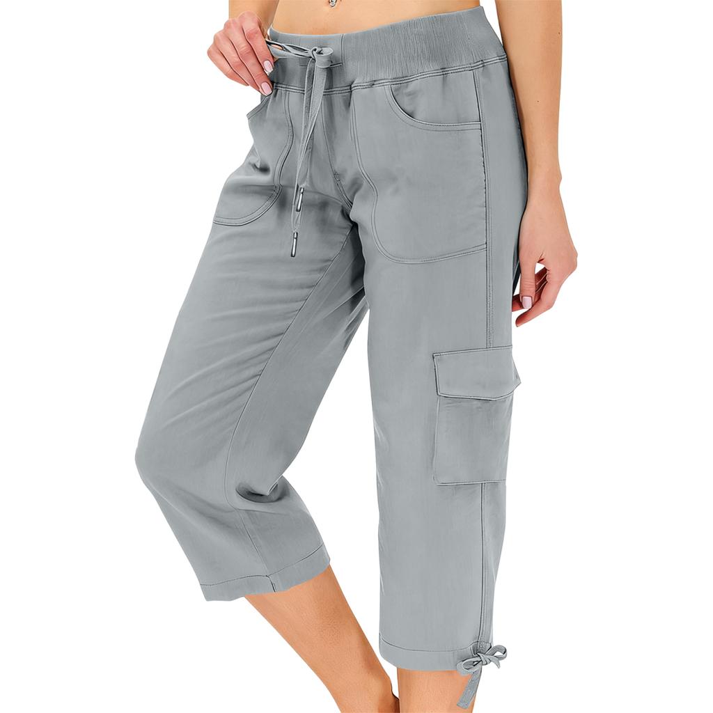 Women’s Loose Fit High Waist Elastic Waistband Lightweight Hiking Pants with Dual Pockets and Drawstring Capri Length for Outdoor Activities