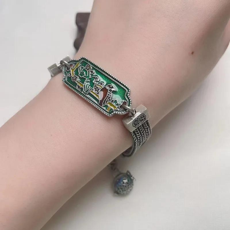 Classical Vintage Exquisite Palace Style Green Enamel Magpie Bracelet for Women Coarse Chain Bangles   Jewelry