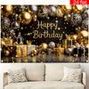 2D Flat Banner 1 Piece Happy Birthday Party Banner Black Gold Silver Crown Balloon Gift Box Pattern