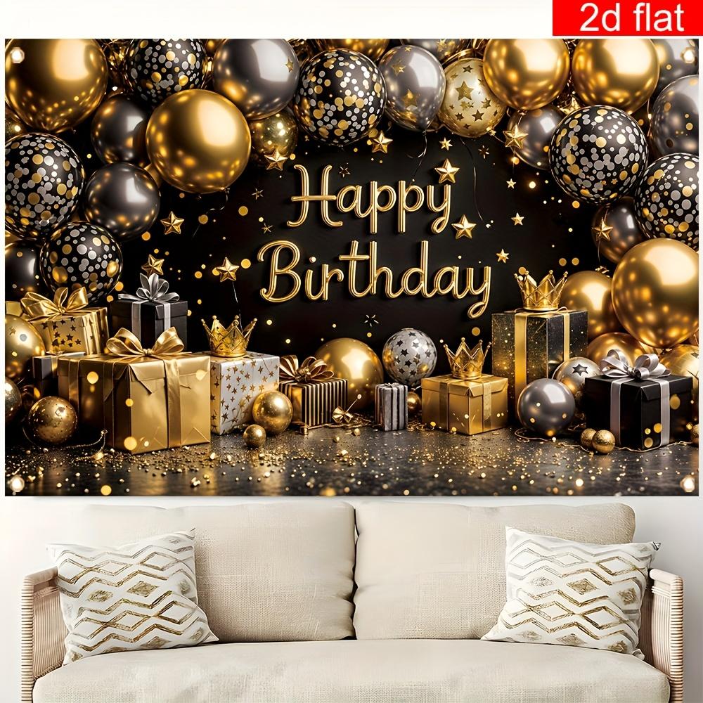 2D Flat Banner 1 Piece Happy Birthday Party Banner Black Gold Silver Crown Balloon Gift Box Pattern