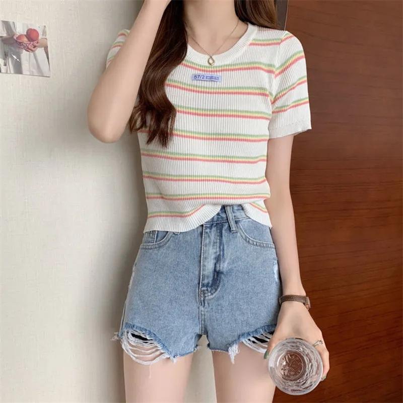 

Новое летнее поступление, лоскутный свитер с короткими рукавами и круглым вырезом, женский свежий милый свободный вязаный пуловер, топы Modis L белый