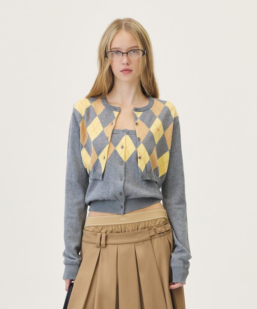 GROVE Veni Argyle Crop Cardigan (Gray)