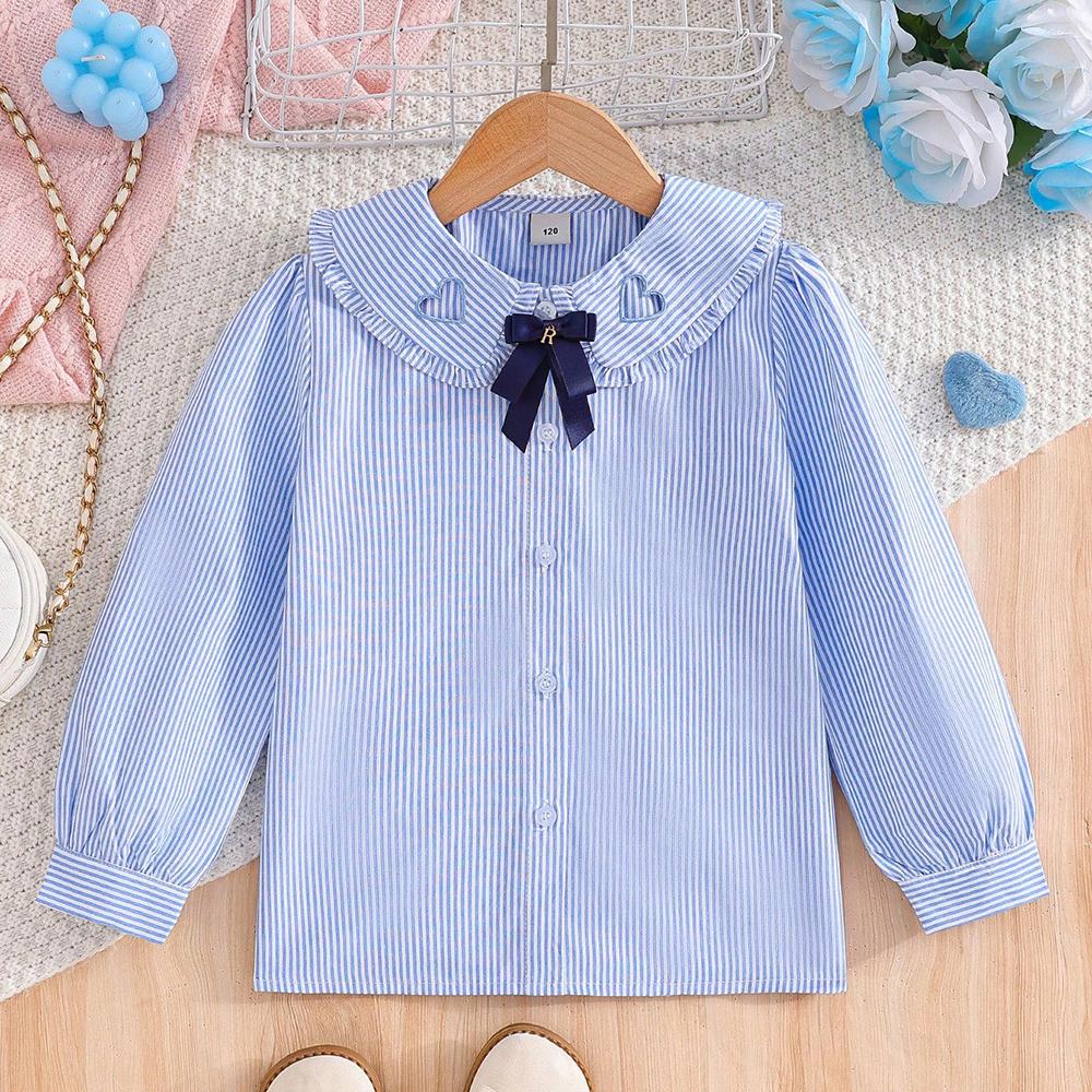 

Рубашка для девочек в синюю полоску с длинным рукавом, блузка с воротником-рюшем и бантом для детей 5-12 лет, осенняя новинка, детская одежда 130 синий