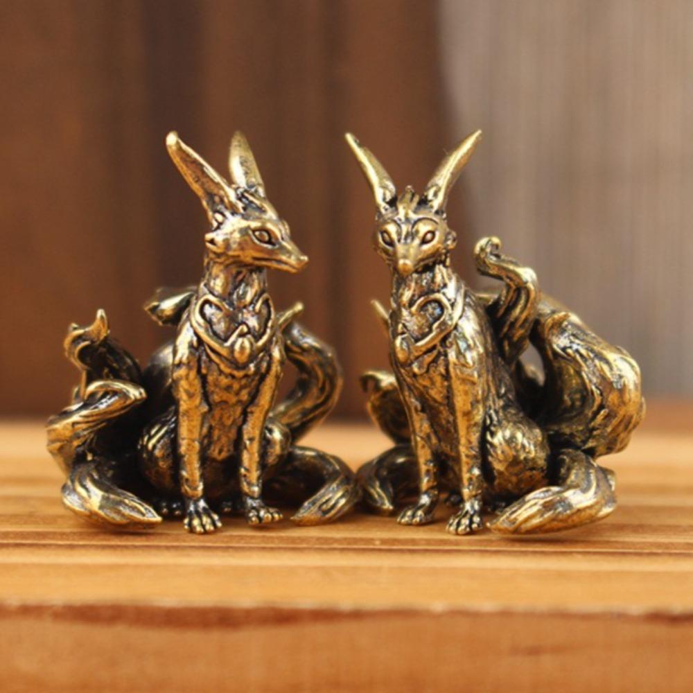 Antique Brass Lucky Nine Tailed Fox Figurine, Feng Shui Ornament, Copper Animal Miniature, Office Desktop Craft, Home Decoration Accessory